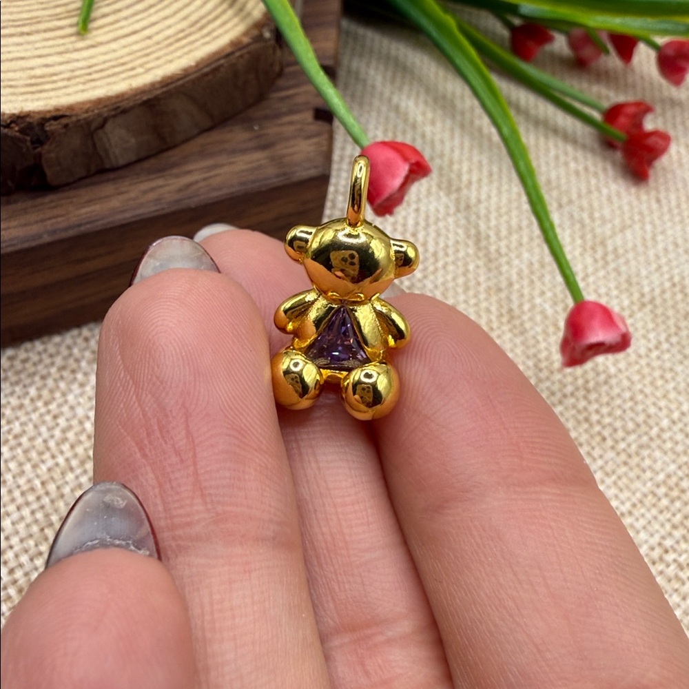 Gold Teddy Bear Pendant with Beaded Necklace 925